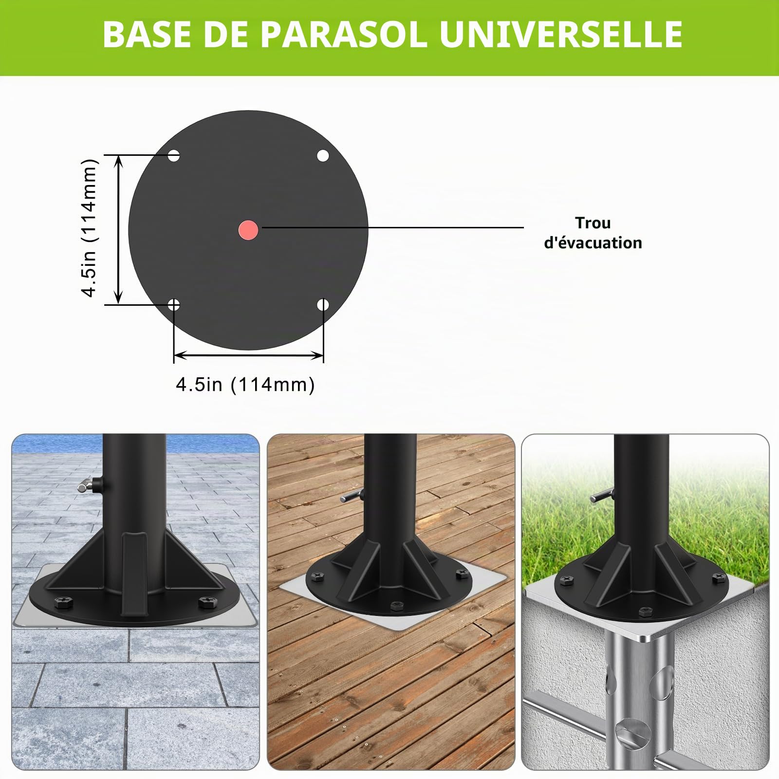 Dolibest Pied Parasol, Support de Tube de Parapluie Base Stable pour Parasol 30cm Hauteur avec 3 Douilles pour Poteaux de 3 à 5cm, Convient Aux Terrasses en BéTon ou Een Bois, Ronde