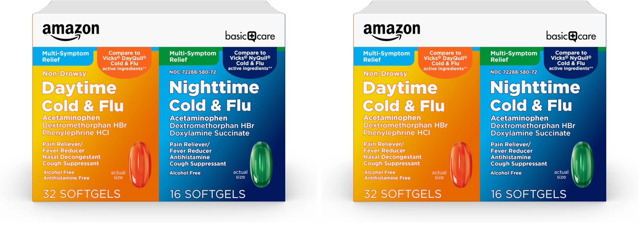 Amazon Basic Care Cold and Flu Relief, Daytime and Nighttime Combo Pack Softgels, Powerful Cold Medicine for Day and Night Multi-Symptom Relief, 48 Count(Pack of 2)
