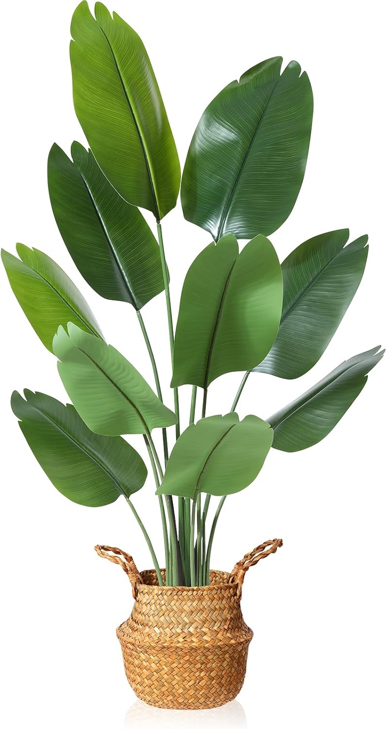 MOSADE 5FT Artificial Bird of Paradise Plant,Tall Fake Tropical Palm Tree with Woven Seagrass Basket, Realistic Faux Tree,10 Detachable Trunks Silk Plants for Modern Home Décor Indoor Office 1 5 feet
