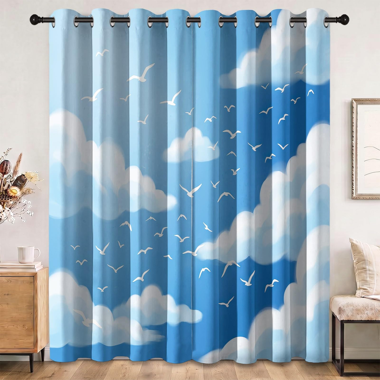Rideaux Occultants Espace Oiseau 140L X 260H cm (2 Panneaux), Isolation Thermique Fixation par Oeillets Mouettes Nuages & Ciel Bleu pour Salle De Bain, Bleu Blanc