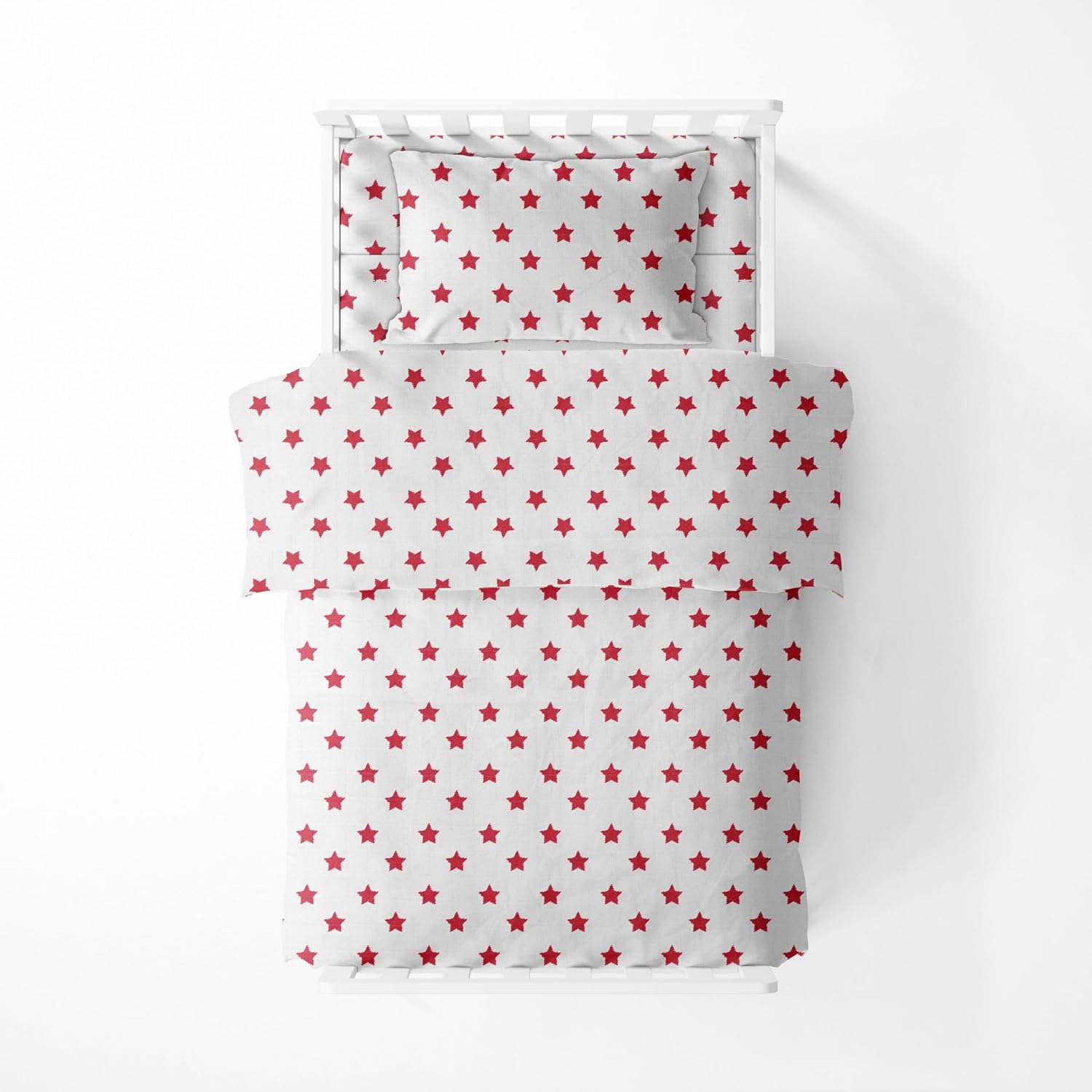 Bacati - Muslin Ikat Stars 4 Piece Boys Toddler Bedding Set 100 Percent Cotton Includes Reversible Comforter, Fitted Sheet, Top Sheet, and Pillow Case (4 pc Toddler Bedding Set, Red Stars)