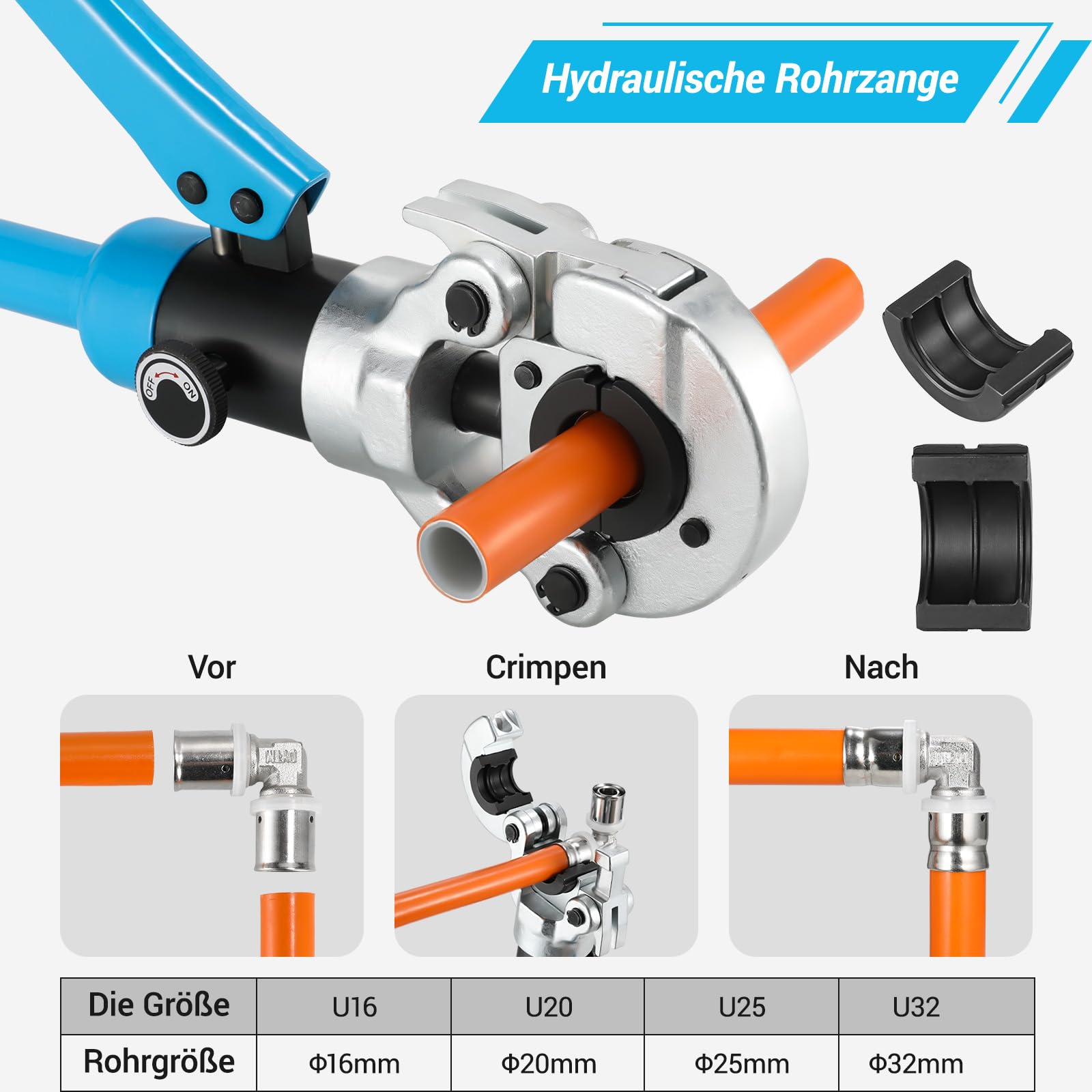 AMZCNC Professionele perstang hydraulisch persgereedschap met persbekken, U  contour 16 20 25 32 persgereedschap, voor composietbuis met fittingen van U profiel, bekinzetstukken U16, U20, U25, U32