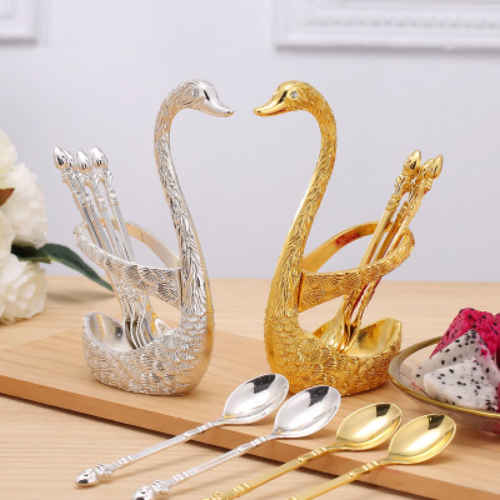 Kit di supporto per cucchiaini da caffè Set di cucchiai da dessert al caffè con supporto per base di cigno Cucchiaini da tè per gelato Posate da zucchero(Oro