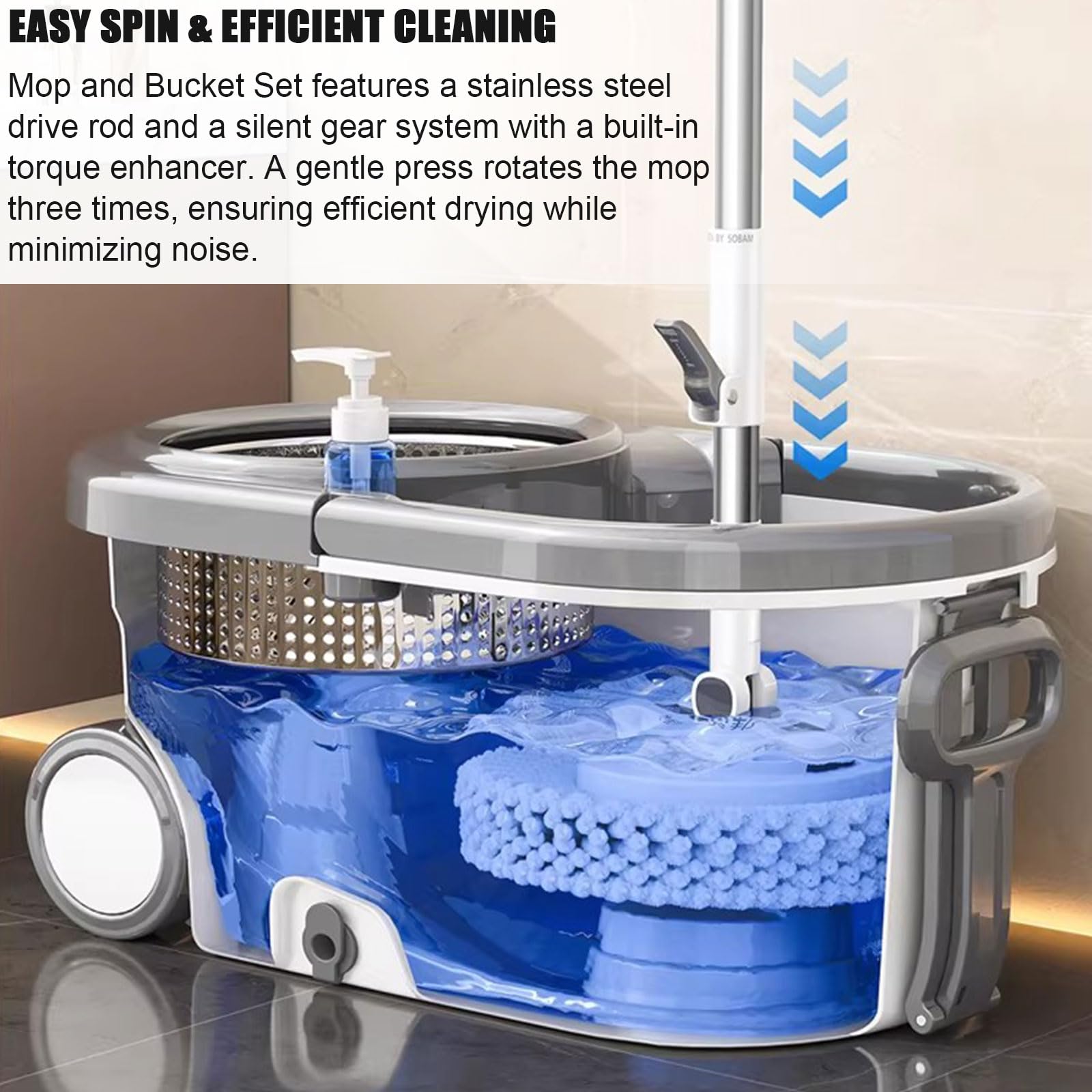 Este Juego de fregona giratoria y Cubo con escurridor para el hogar, Sistema de fregona giratoria de 360°, fregona húmeda para Polvo para Limpieza de Suelos con 5 Cabezales de Microfibra.