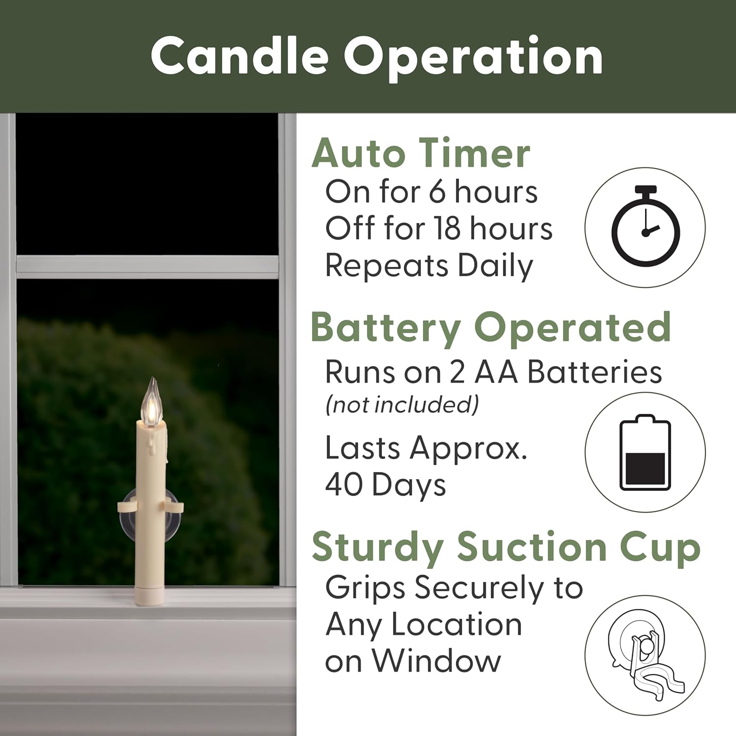 612 Vermont Vintage LED Battery Operated Suction Cup Window Candles with Timer, Bright Warm White Glow, VT-1806SC-4 (Pack of 4)