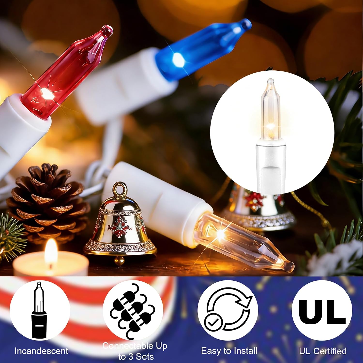 300L Patriotic Frosted Icicle String Lights, White Wire, Red & White & Blue Color, 120V, for Independence Day & Patriotic Decor