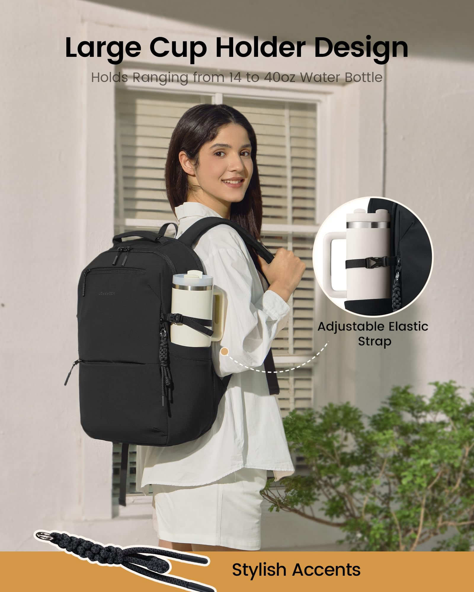 LOVEVOOK Laptop Backpack for Women Men with Giant Tumbler Holder - 15.6Inch Work Computer Travel Backpack with Laptop Compartment, Water Resistant, Cute Commuter College Teacher Nurse Purse Bag,Black - 3
