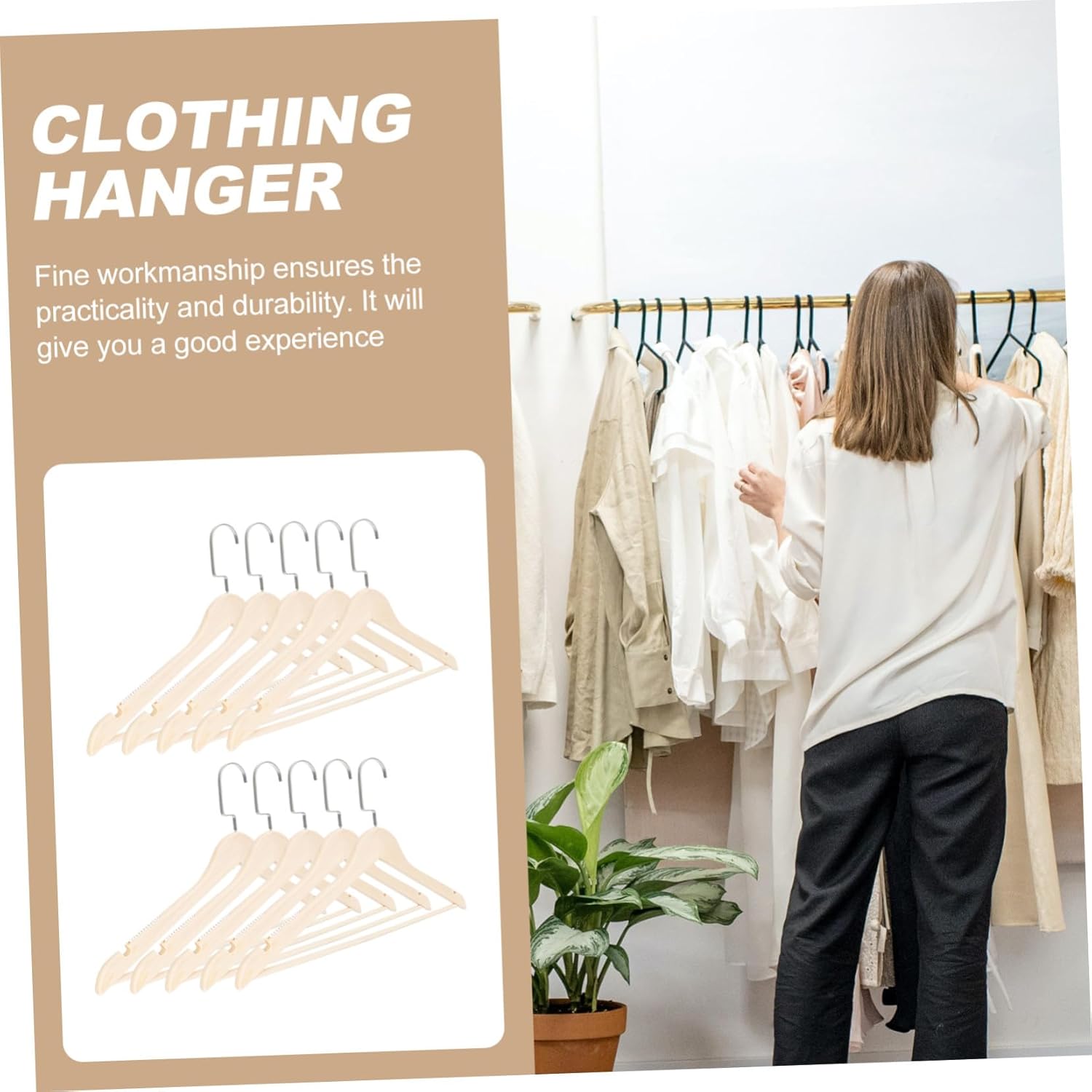 10Pcs Wooden Clothes Holders Non-Skid Smooth Finish Clothing Storage Hangers with Traceless Trousers Holders for Household Wardrobe and Clothing Store Use