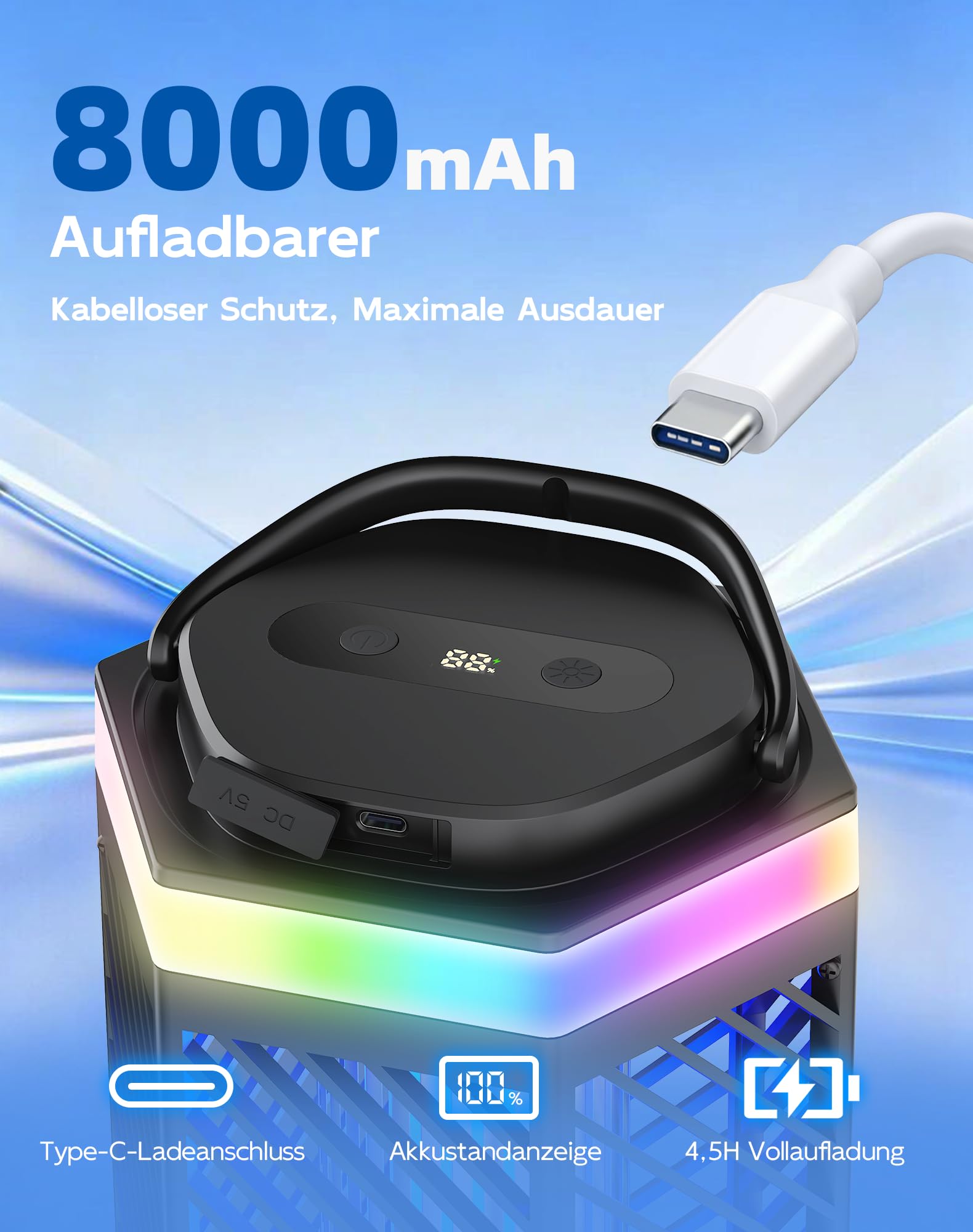 Elektrischer Insektenvernichter - 3 in 1 Mückenlampe mit UV-Licht, 8000mAh Akku, Weiß & RGB-Beleuchtung, IPX4 Wasserdicht, USB-C Wiederaufladbar, Mückenfalle für Camping, Garten, Draußen Innen