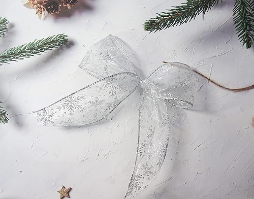 Miniatura 5 de CT CRAFT LLC Cinta de organza con alambre de copos de nieve con purpurina plateada, 2.5 pulgadas x 50 yardas, para decoración del hogar de Navidad,