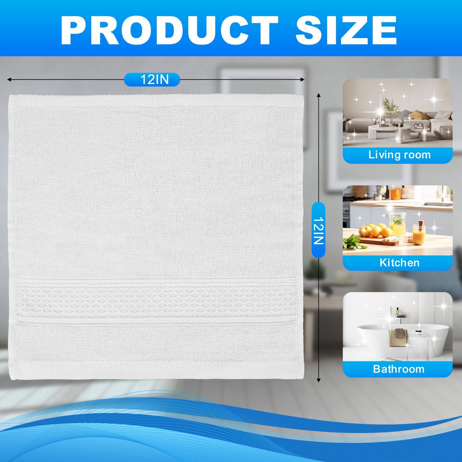 6 Pack 100% Cotton Wash Cloth, 12x12 Inch Highly Absorbent and Soft Feel Fingertip Towels, Machine Washable Washcloths for Bathroom, Gym, Hotel, Spa and Kitchen, White