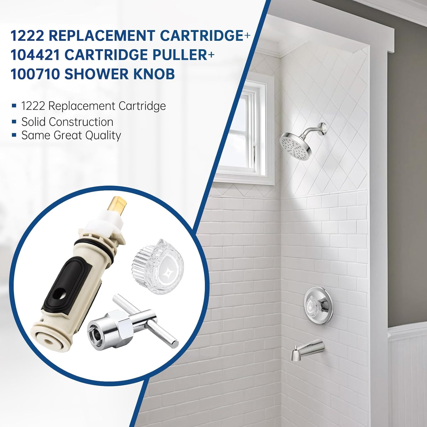 Shower Cartridge Kit, Compatible with Moen 1222 Replacement Cartridge with 104421 Cartridge Puller and 100710 Shower Knob, Shower Repair Kit for Moen Posi-Temp One-Handle Tub and Shower