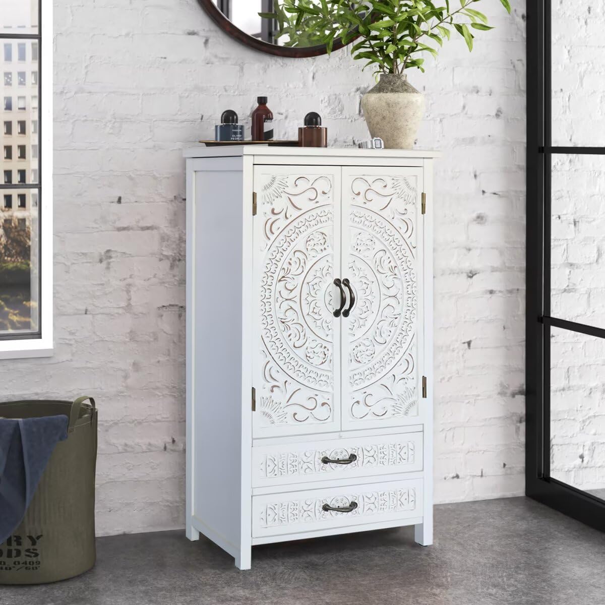 27'' Accent Tall Tower White Storage Cabinet - Rustic Wood Sideboard Pantry Cabinet with Storage for Home Decor and Organization Chic Cabinets with Two Doors and Two Drawers