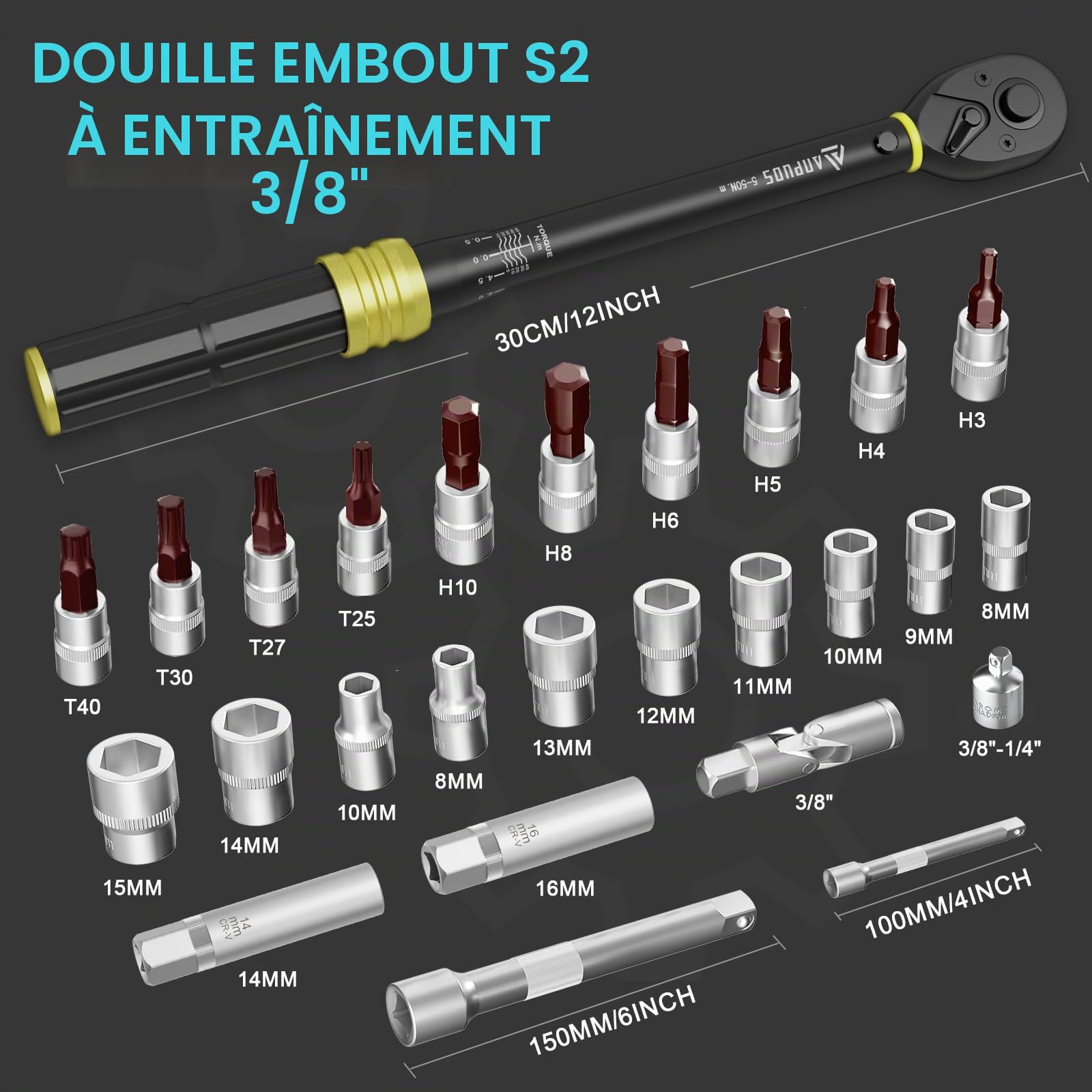 ANPUDS Clé Dynamométrique 3/8", Clé de Torsion 5-50Nm Torque Wrench | 26Pcs Kit D'entretien, pour Vélo&Moto, avec 2 Extension, 2 Adaptateur, Douilles à Bougie, Cardan universel, Hex und Torx