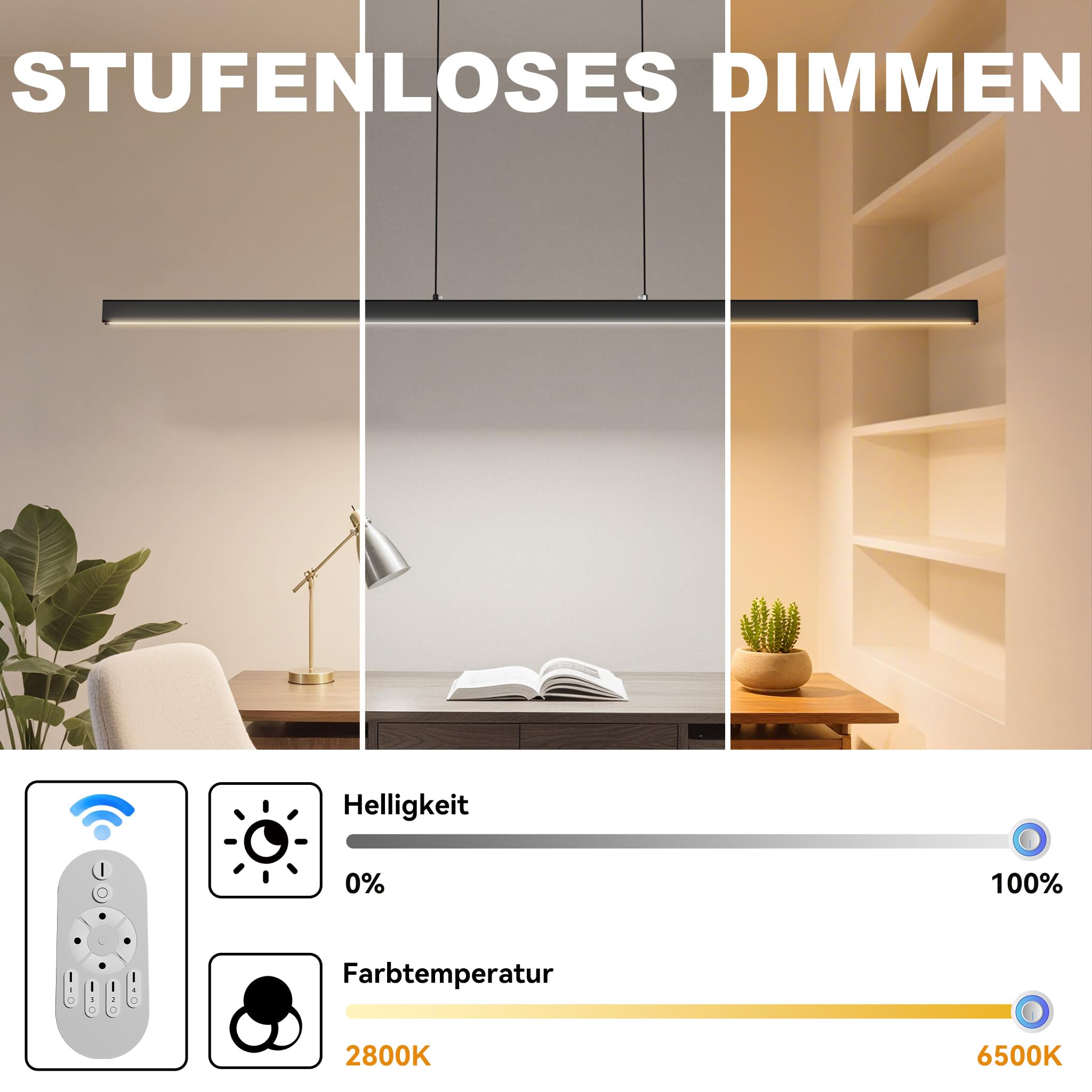 YRHome Nowoczesna lampa wisząca LED, 60 W, ściemniana, z regulacją wysokości, lampa wisząca z pilotem zdalnego sterowania, liniowa konstrukcja, lampa sufitowa do salonu, kuchni, sypialni, biura