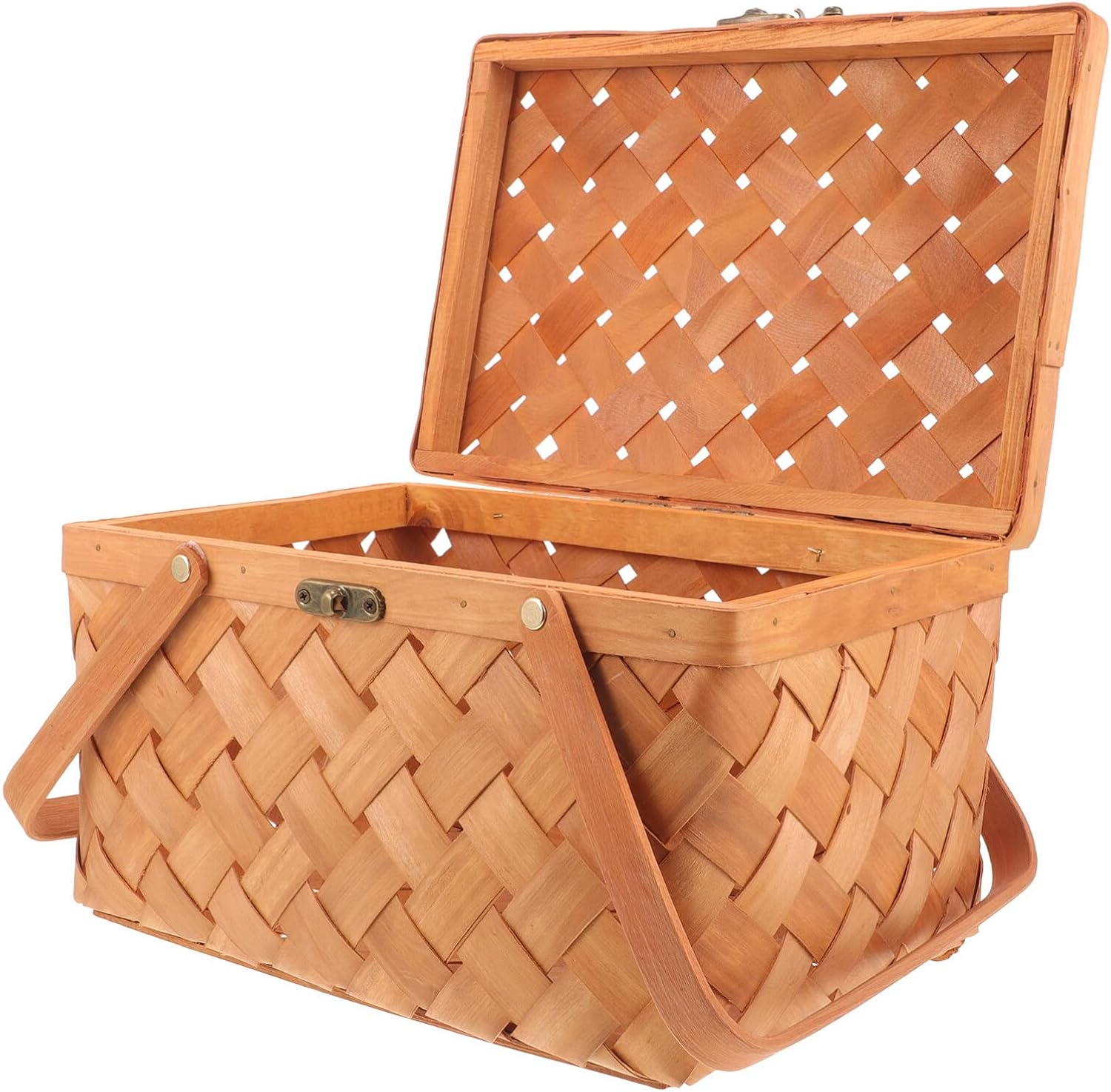 Woven Fruit Basket with Lid and Handle, Handwoven Multi-Function Storage Organizer for Picnic and Home, Brown Wood Chip Outdoor Snack and Vegetable Basket 32x22x18cm