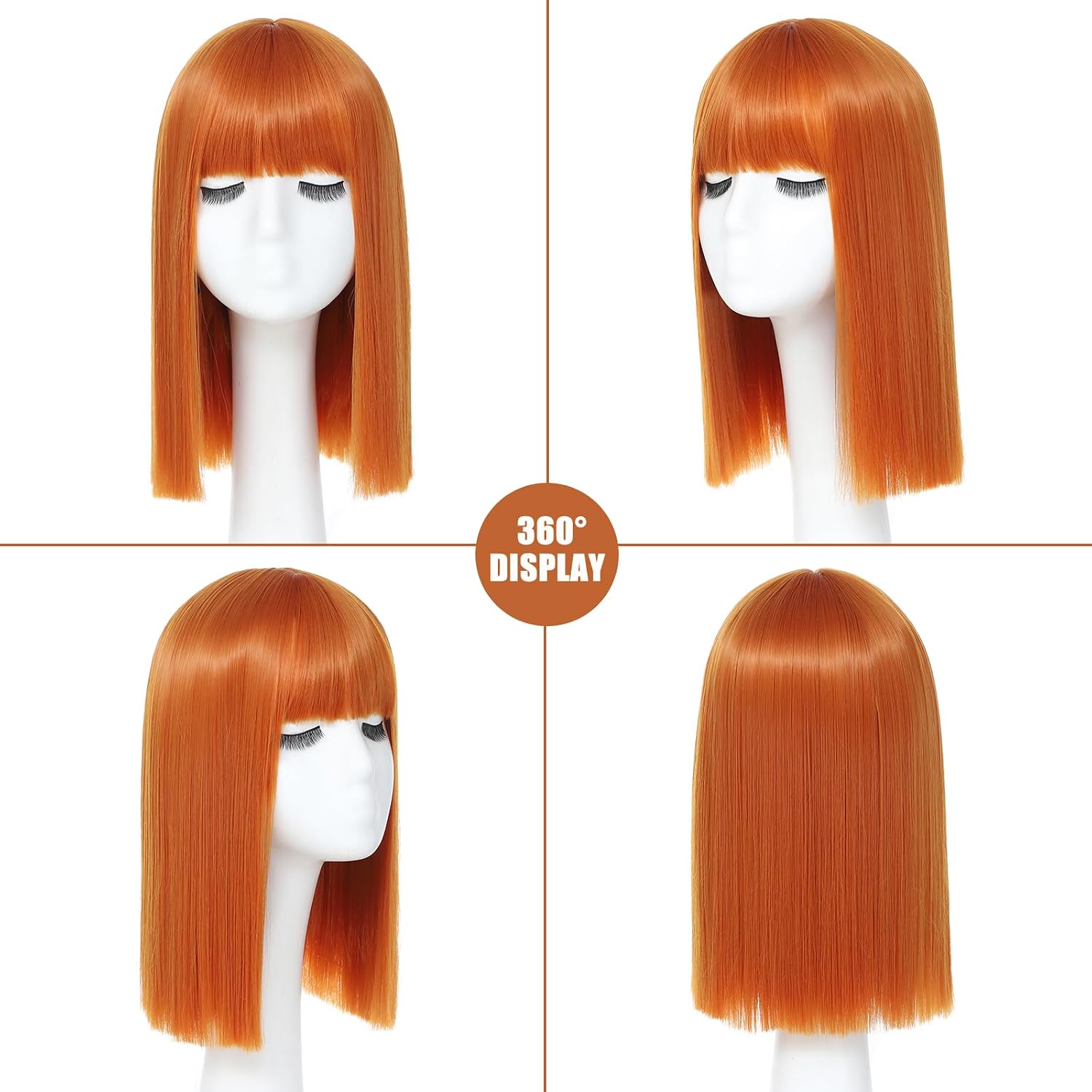 Orange Bob Wig With Bangs - Heat Resistant 14Inch Synthetic Hair, Short Straight Shoulder Length Natural-Looking Cosplay Wig for Daily Use, Parties & Women Girls