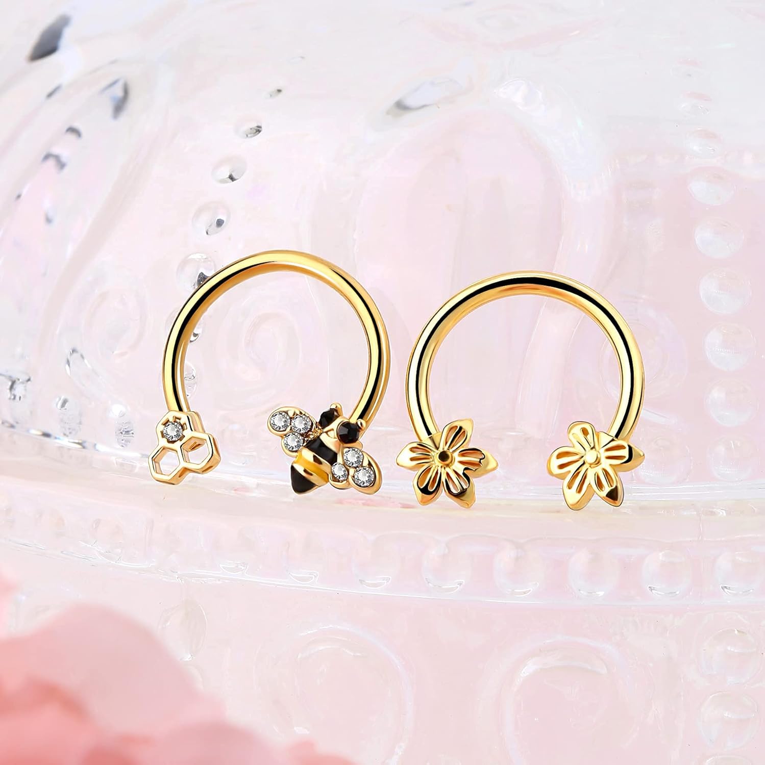 Jewseen 2PCS Septum Ring 16G 316L Surgical Steel Cartilage Earring Hoop Nose Ring Cute Bee Captive Bead Rings Tragus Daith Rook Helix Piercing Jewelry - Image 2