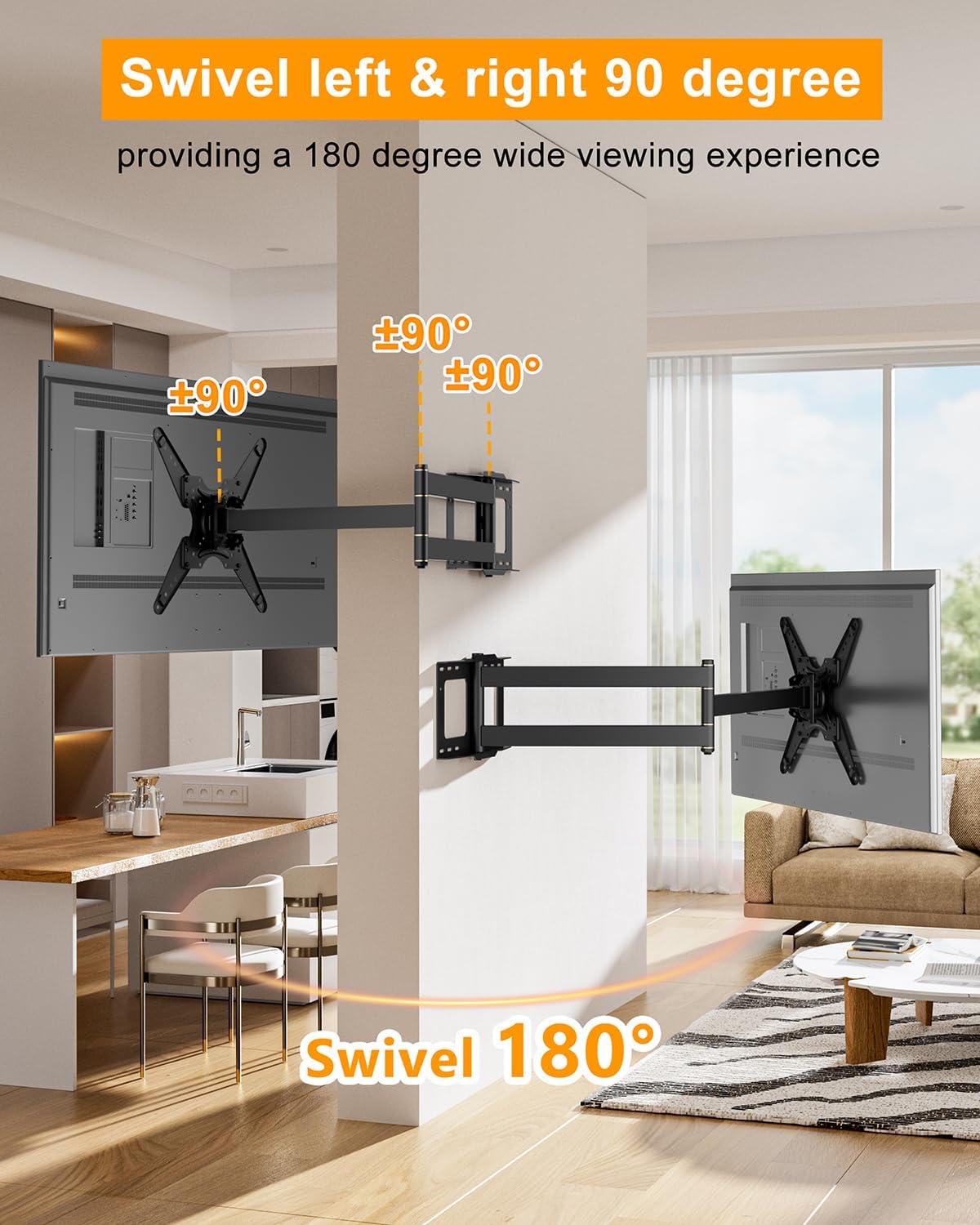 Image showing a TV mounted on the wall, swiveling 90 degrees left and right, providing a 180-degree wide viewing experience.