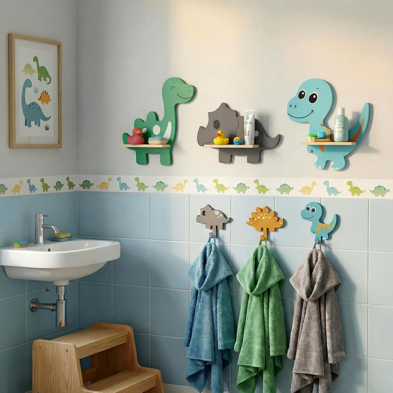 Pinkunn 3 Pcs Dinosaur Wooden Wall Shelf Decorative Dinosaur Bookshelf Tyrannosaurus Iguanodon Sauropod Wall Shelf with Hanging Pegs Dino Nursery Decor for Boys Room, 3 Styles