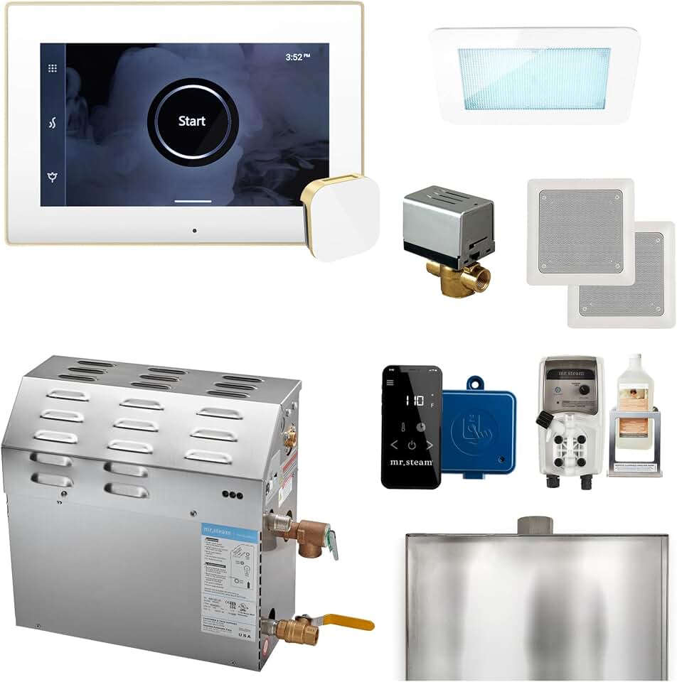 MS400 9kW Steam Shower Unit Package of 240 Volt & 1-Phase with iSteamX Control in White Satin Brass (max 257 cubic feet)