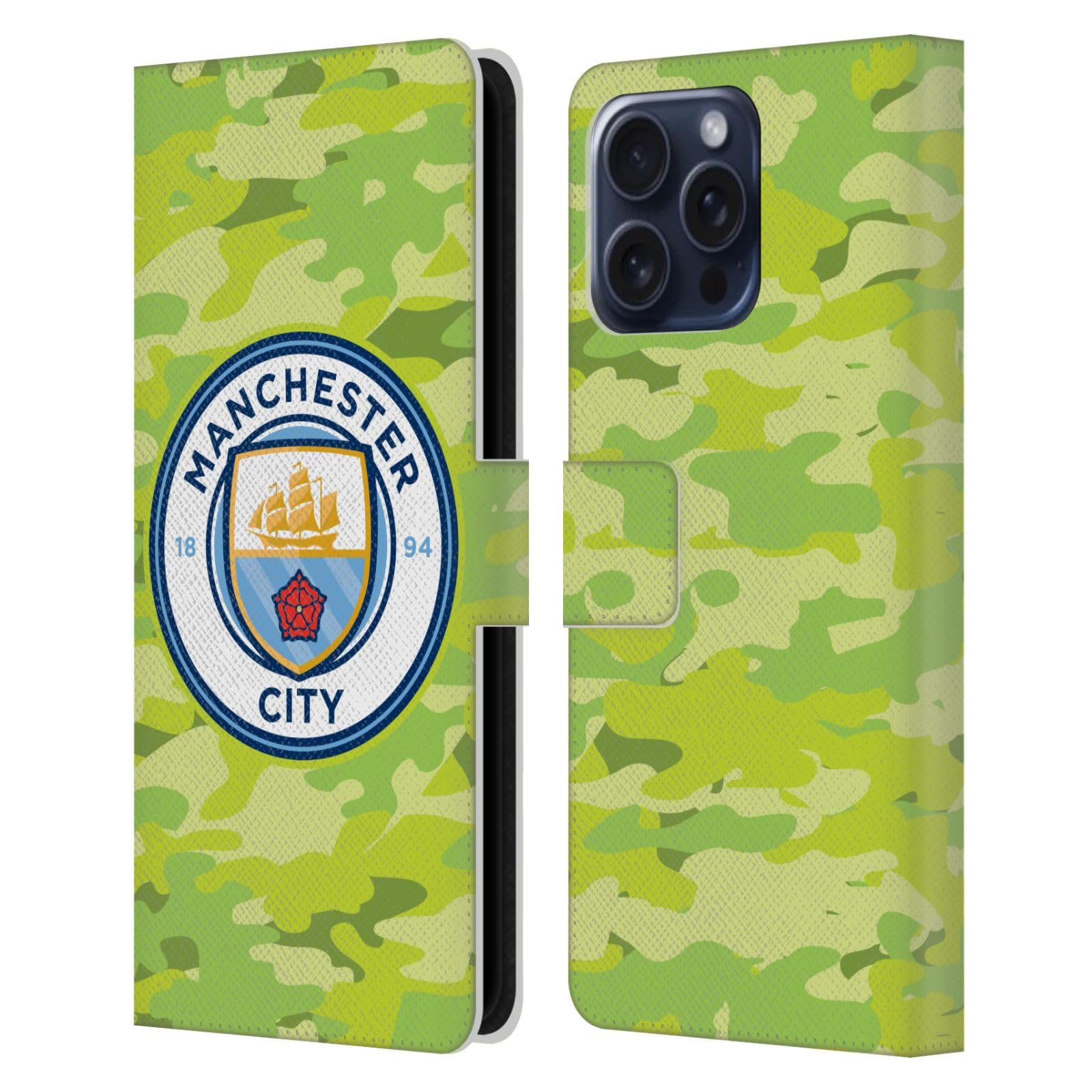 Head Case Designs Officially Licensed Manchester City Man City FC Goalee Badge Camou Leather Wallet Case Compatible With Apple iPhone 16 Pro Max
