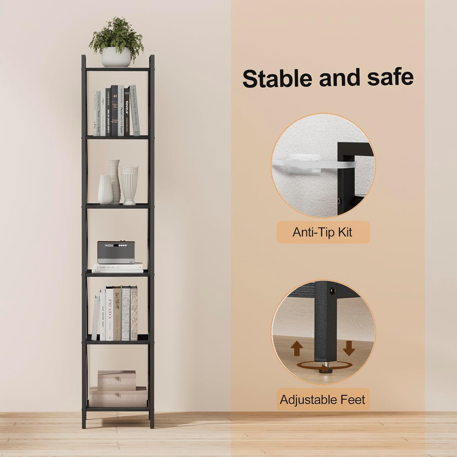 Homhedy 6 Tier Bookshelf, Tall Narrow Bookcase for Small Space, Metal Storage Book Shelf, for Home Office, Living Room, Kitchen, Bedroom, Industrial Style, 10.4" D x 13" W x 67.4" H, Black