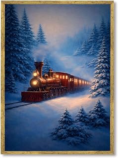 Framed Winter Train Poster Canvas Print Art Vintage Railway Landscape Painting Pictures Wall Decor Whimsical Snow Scene Art Print for Living Room Bedroom Apartment Home Decor Decoration (Gold Framed,8"Lx12"W)