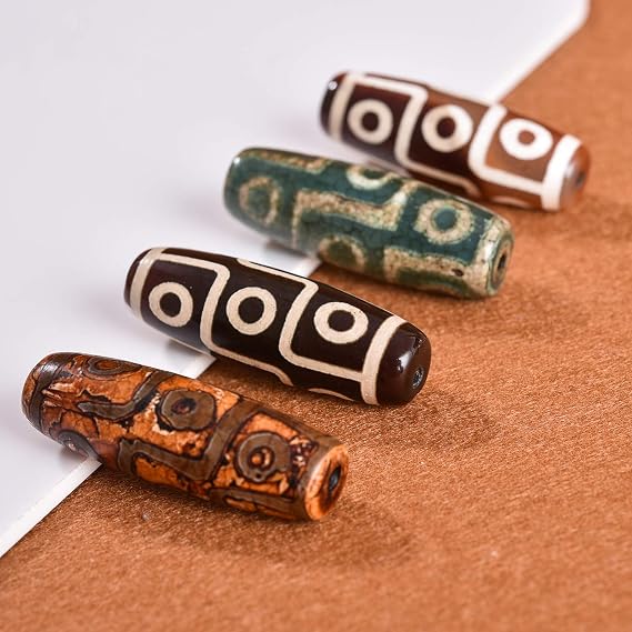 4PCS Mixed Color Tibetan Style dZi Beads, 9-Eyes Himalayan Natural Agate, Dyed & Heated, Rice Shape, Buddhism Jewelry Rosary Beading Supplies