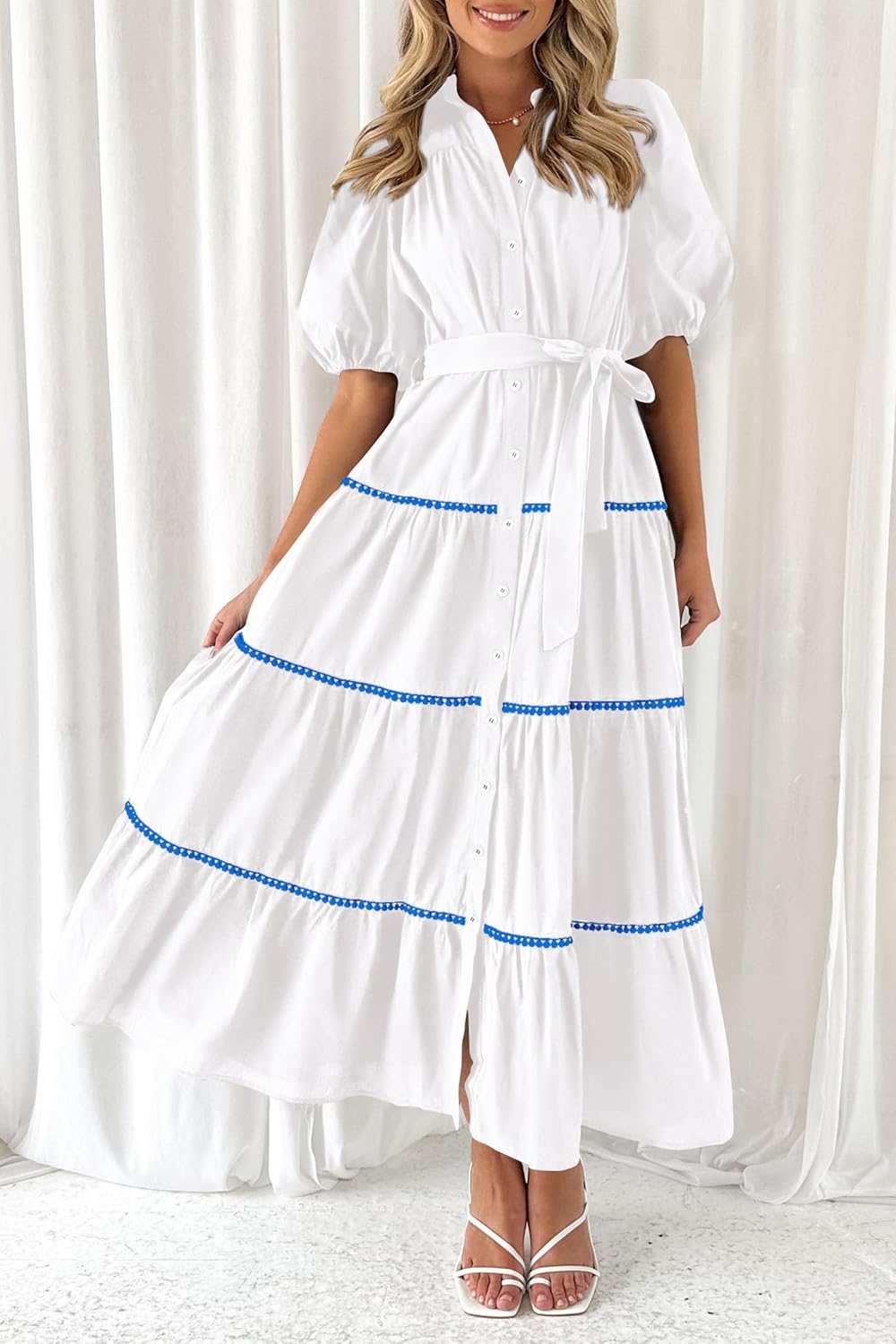 PRETTYGARDEN Women's Summer Button Down Shirt Dress Short Puffy Sleeve Tiered Ruffle Flowy Long Maxi Dresses - Image 6