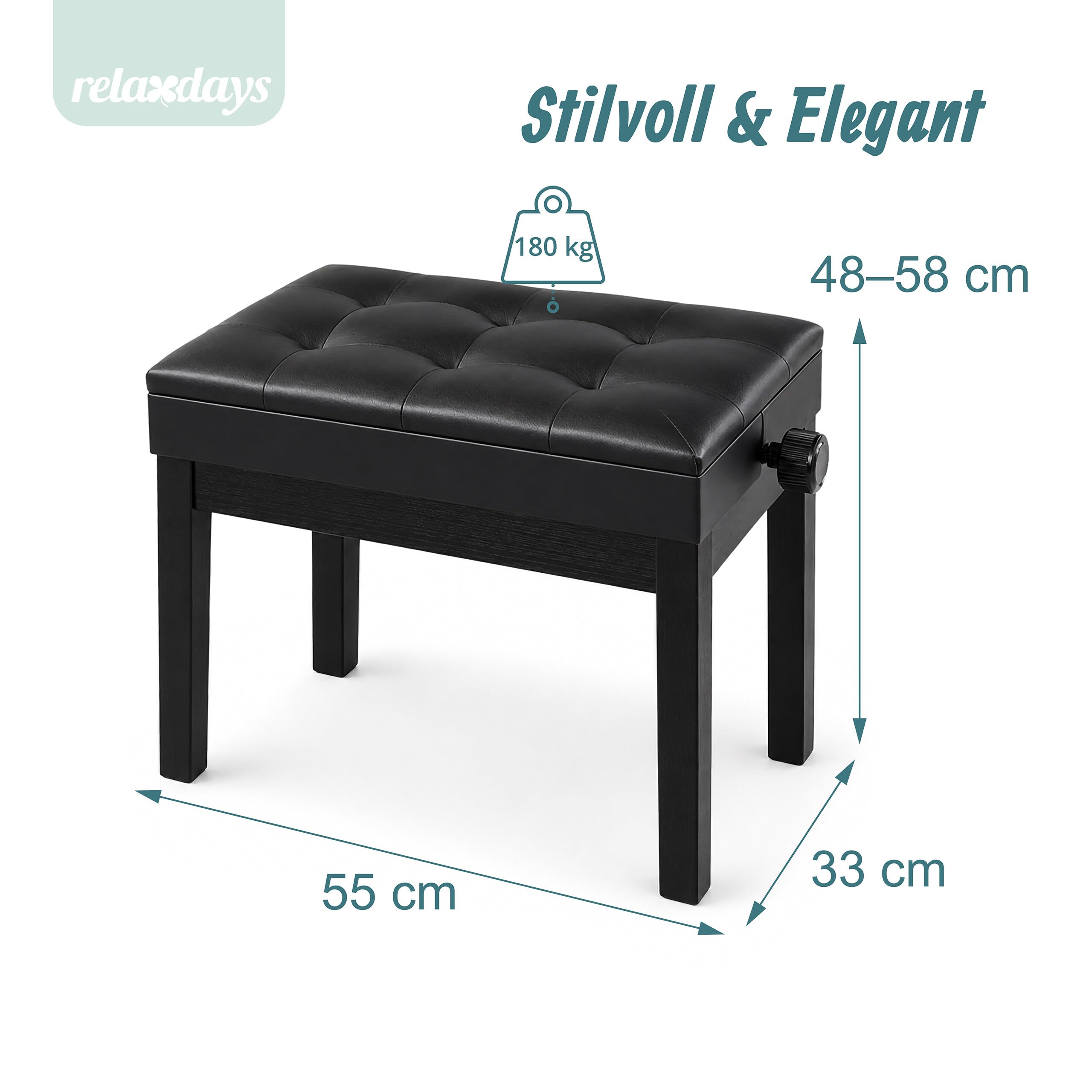 Relaxdays Klavierhocker, höhenverstellbar, schwarz | HxBxT: 48–58 x 55 x 33 cm, mit Stauraum, Holz, Kunstleder, Pianobank