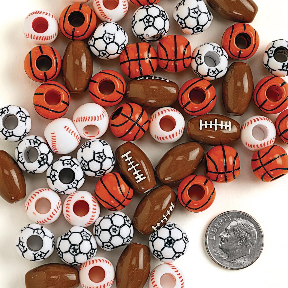 Colorations Plastic Sports Ball Beads for Kids, .5 lb., Accent Beads, Ball Beads, Football, Soccer, Baseball, Basketball, Arts & Crafts, Boys & Girls