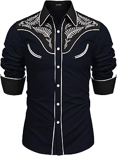 Men's Western Cowboy Shirt Embroidered Button Down Long Sleeve Shirts