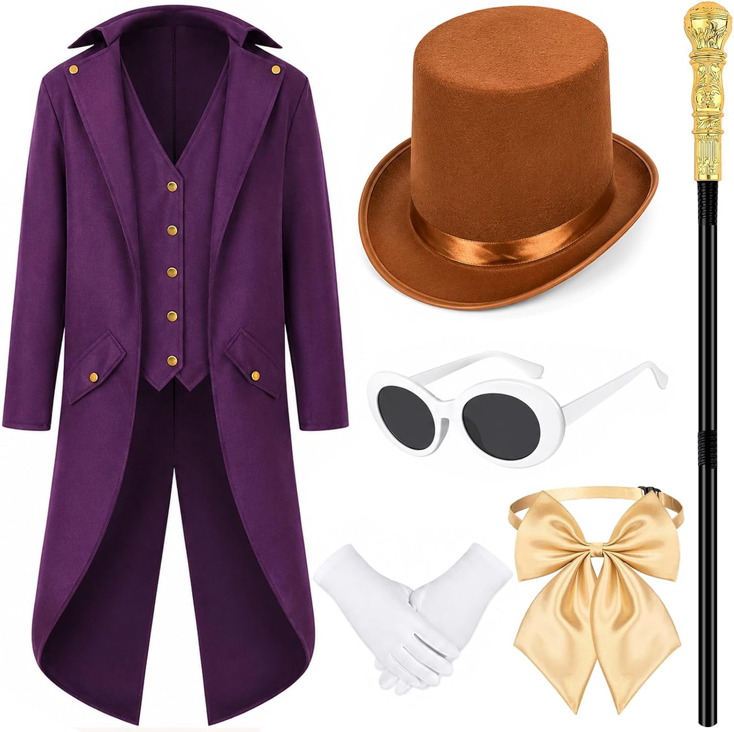 6 Pcs Halloween Costume Include Tailcoat,Top Hat,Glasses,Gloves,Bowtie and Scepter for Men Women Party Dress Up