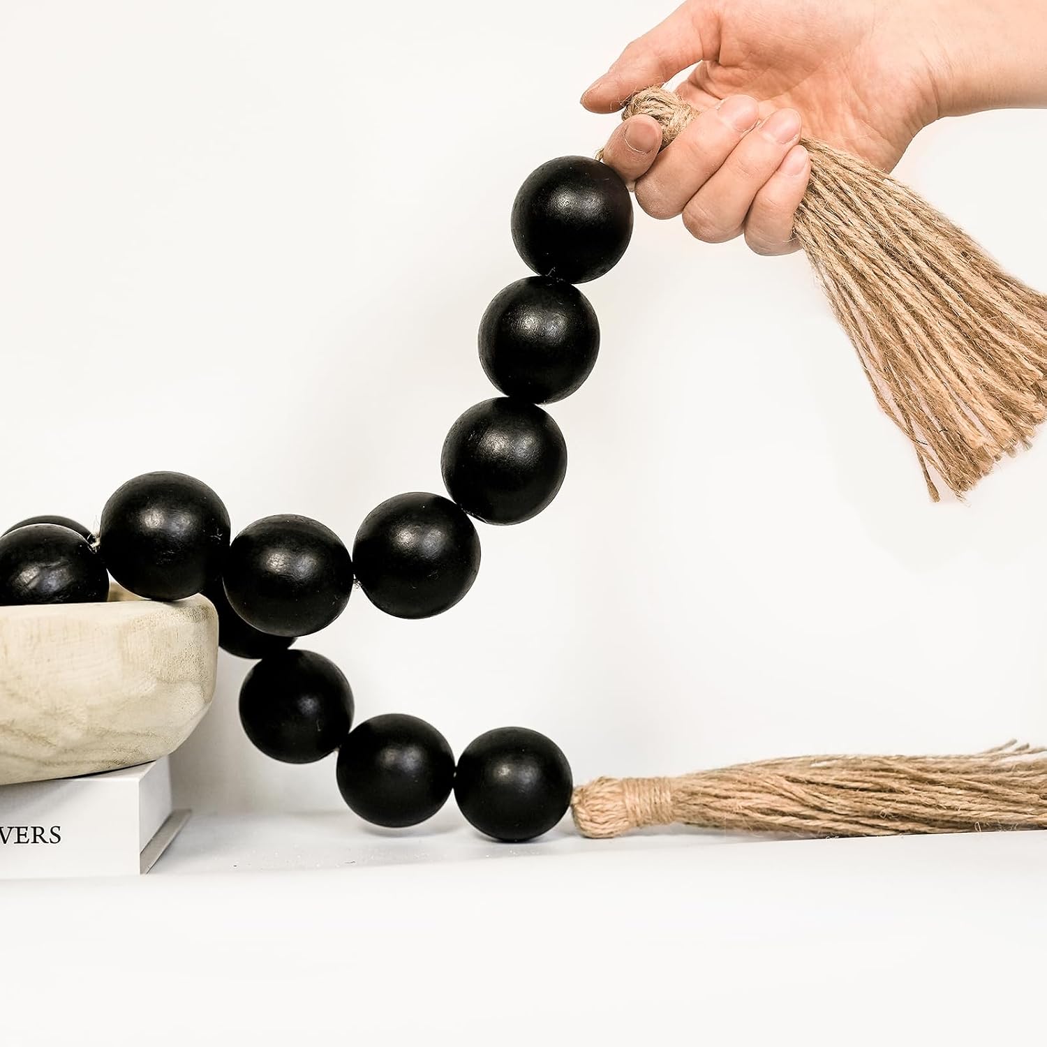 Extra Large Wood Bead Garland with 1.6" Diameter Wood Beads, Wooden Beads Garland with Tassels, Decorative Beads Home Decor, Farmhouse Beads Decor (Rustic White, 67 Inches)