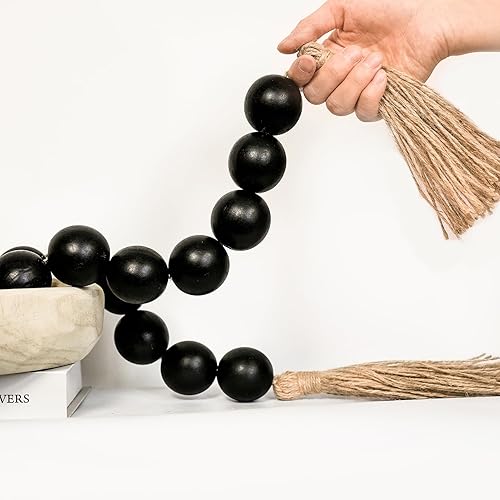 Guirnalda de cuentas de madera extra grande con cuentas de madera de 1.6 pulgadas de diámetro, guirnalda de cuentas de madera con borlas, cuentas
