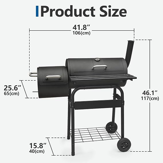 Charcoal Barbecue Grill Outdoor, Large Double Layer BBQ Grill with Built-in Thermometer, Open/Close Chimney for Outdoor Camping Party Patio (Offset Smoker)