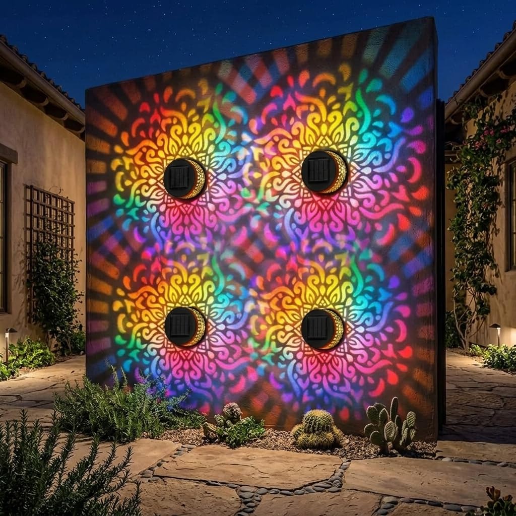Solar Wandleuchte,Solar Wandleuchte Außen,Dekorative für den Außenbereich | 7 Farb-Verlauf,Projektionslampe,Wasserdicht,Metalllampe für Hinterhofpfosten,Hof,Terrasse,Garten,Balkon,Zaun（4 Stück）