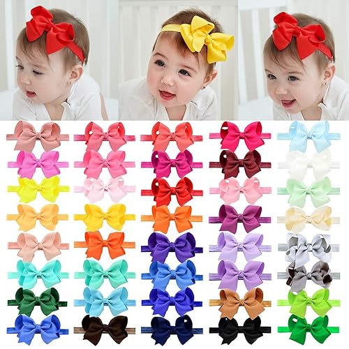 jollybows 40 piezas Diademas con Lazos de Cinta Grosgrain para Bebés Niñas 4" Banda Elástica para el Cabello Accesorios para el Cabello para Bebés