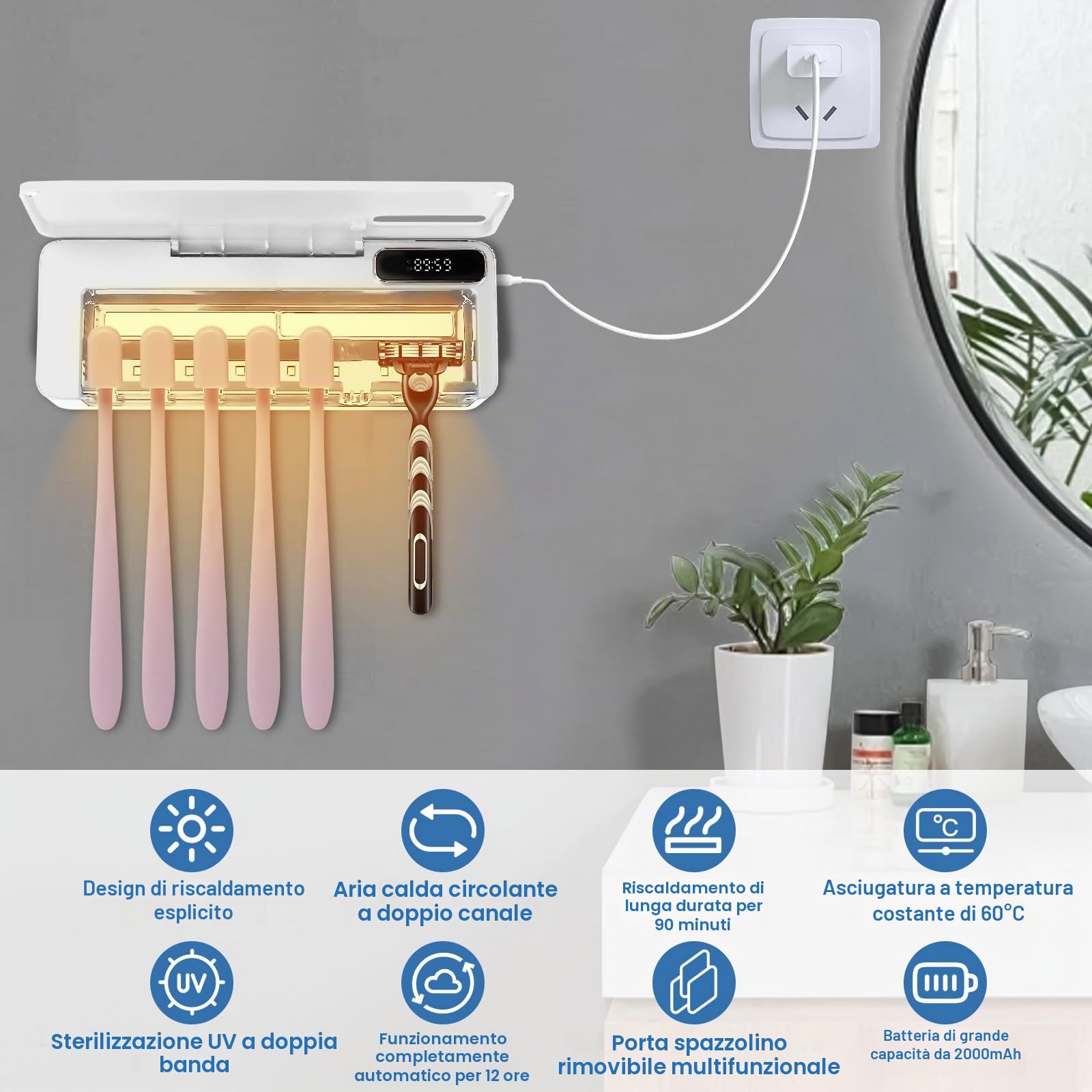 Porta Spazzolini Bagno UV, Portaspazzolino Parete, Sterilizzatore Portaspazzolino UV, Ricaricabile USB, 2000 Mah Batterie, 5+1+1 Toothbrush Slot, per i Bagni Delle Famiglie (bianco)