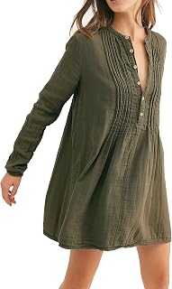 RVivimos Women's Long Sleeve Button Down Cotton Tunic Mini Dress - Casual Fall Shirt Dress