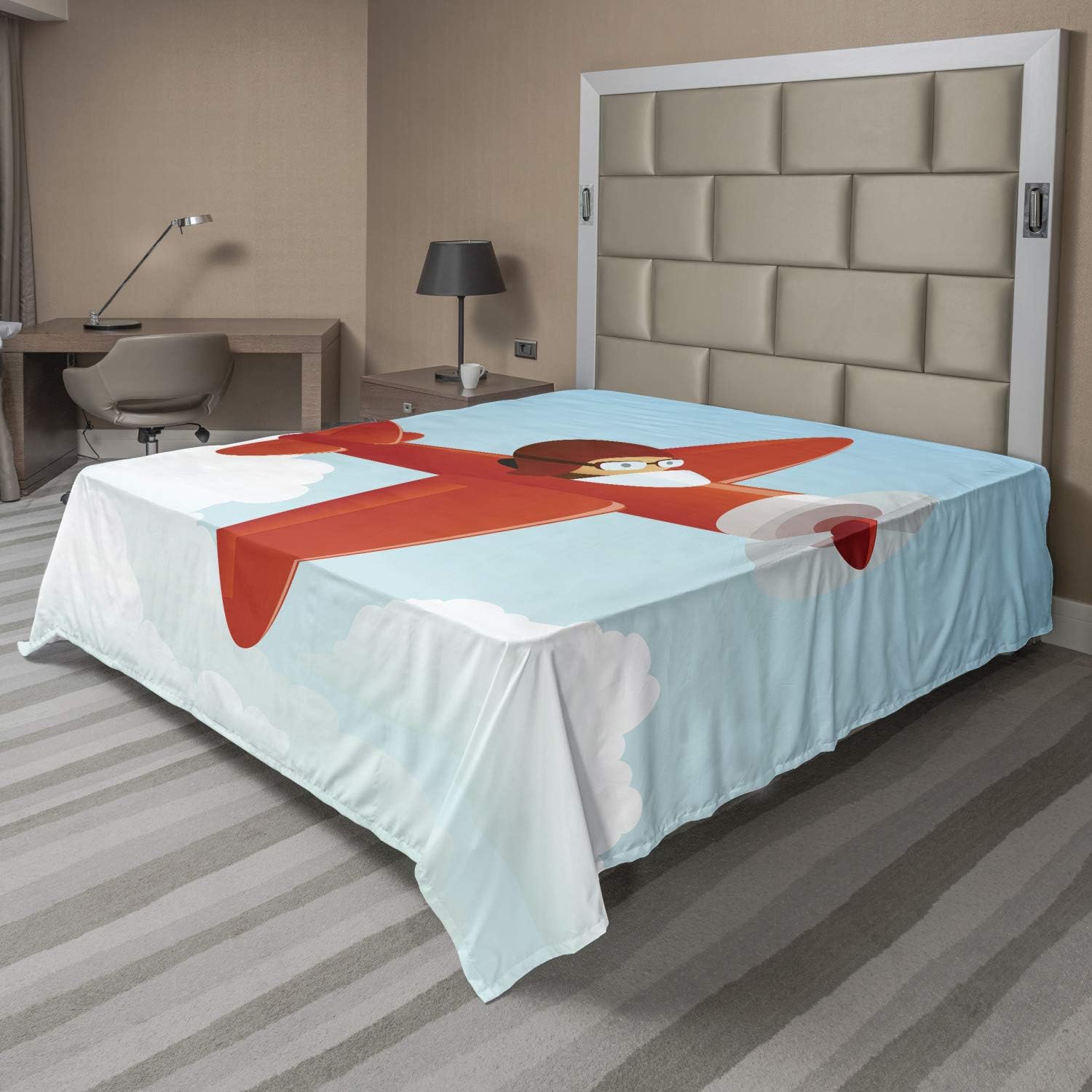 Ambesonne Plane Flat Sheet, Airplane Flying in The Cloudy Sky Little Boy Pilot Cartoon Print, Soft Comfortable Top Sheet Decorative Bedding 1 Piece, Queen Size, Orange Blue