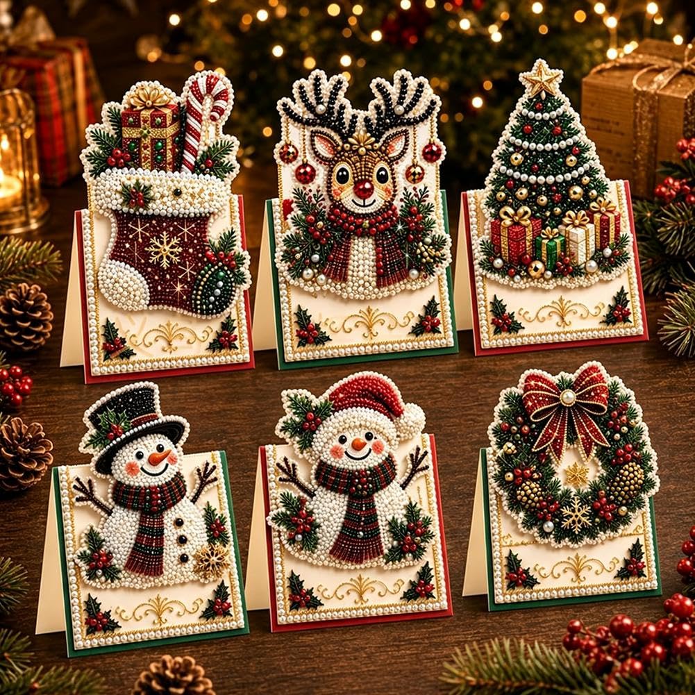 6PCS DIY Christmas Pearl Diamond Art Painting Greeting Cards with Envelopes
