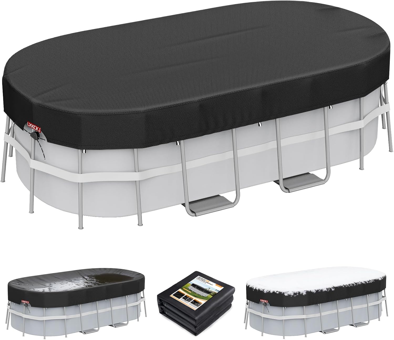 LXKCKJ 10x16 FT Rectangular Pool Cover for Above Ground Pool, Solar Oval Pool Cover Protector, Winter Pool Cover with Accessories Set Ideal for Cold and UV Resistant, Dustproof (Black)