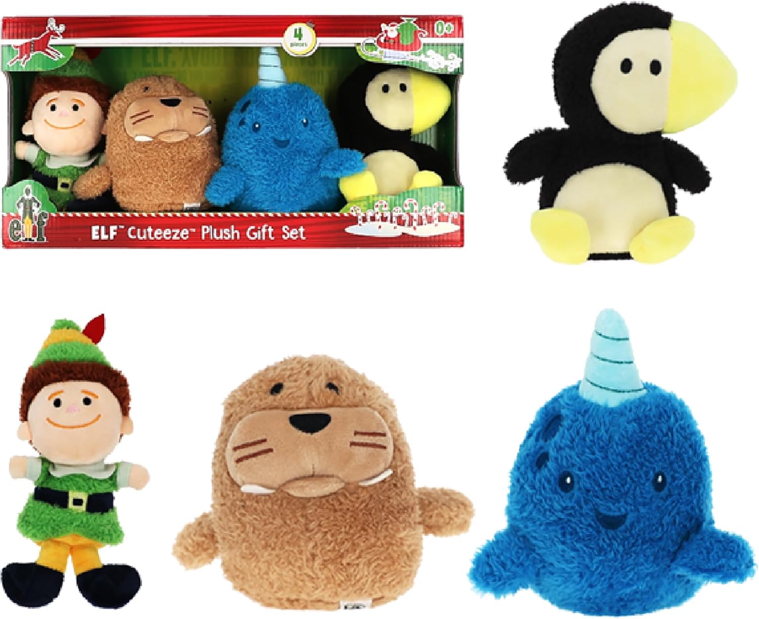 Kids Preferred Elf 4 Pc Cuteeze Plush Set - Buddy, Arctic Puffin, Mr. Narwhal, and Baby Walrus - Stuffed Animals for Toddler Boys & Girls, 6 Inches
