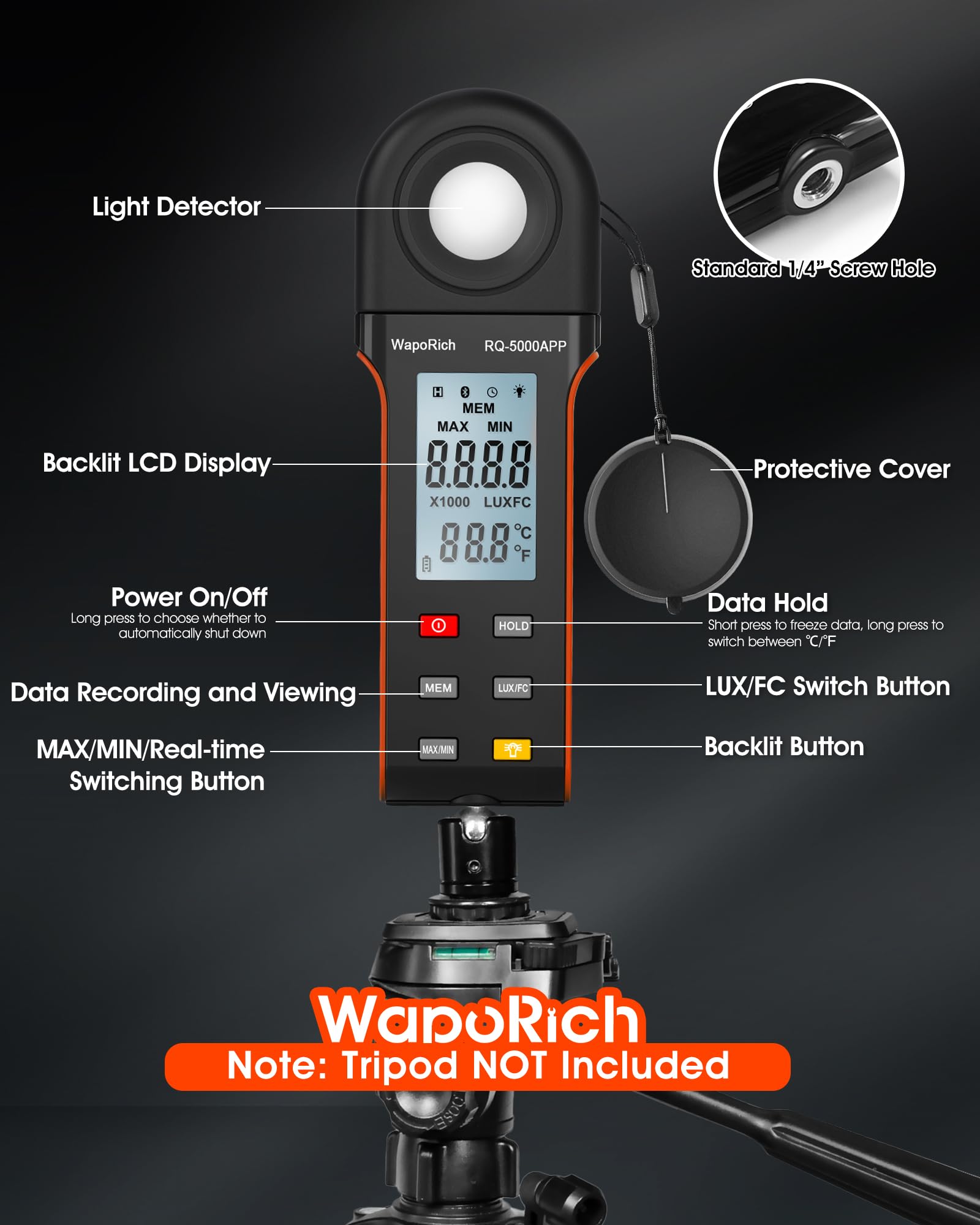 Luxometro Bluetooth Medidor de Iluminacion, WapoRich Medidor de Luz Digital 1~400.000 lux (1~40.000 FC) Luxómetro Portátil con Sensor Giratorio de 270º y Temp Ambiente (℃/℉) para Plantas RQ-5000APP
