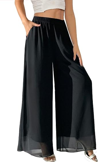 Fakanhui Womens Chiffon Wide Leg Palazzo Pants High Elastic Waist Casual Flowy Business Trousers