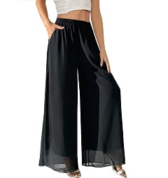 Fakanhui Womens Chiffon Wide Leg Palazzo Pants High Elastic Waist Casual Flowy Business Trousers
