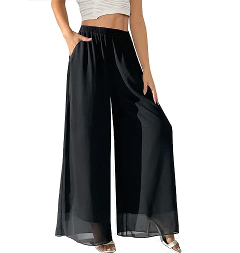 Fakanhui Womens Chiffon Wide Leg Palazzo Pants High Elastic Waist Casual Flowy Business Trousers