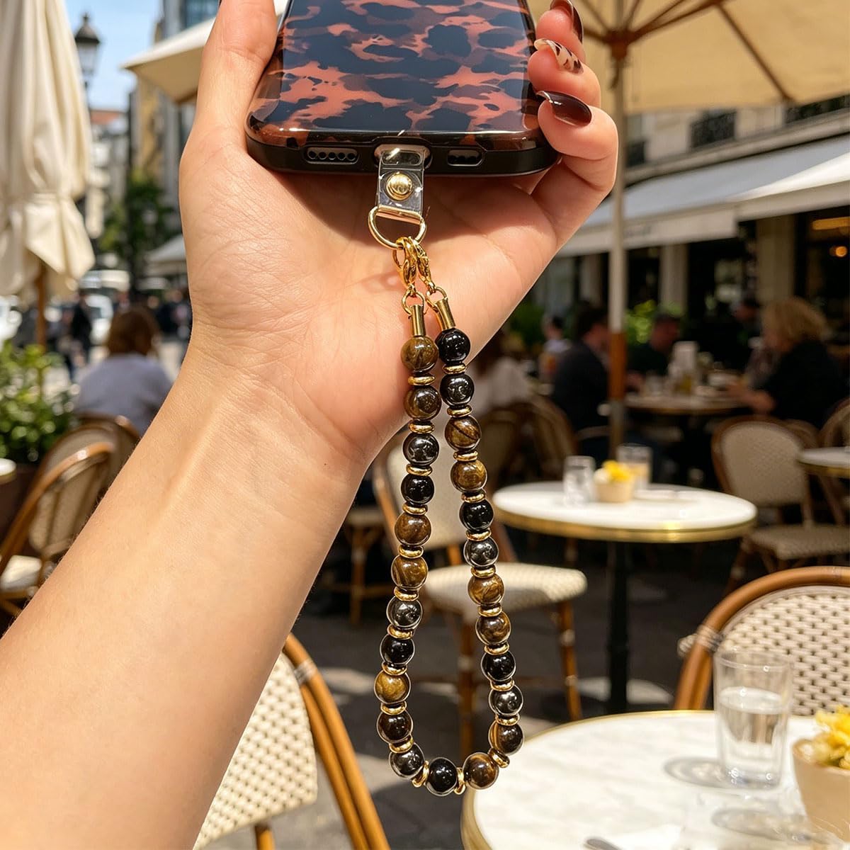 Natural Tiger's Eye Beaded Phone Wrist Strap,Handmade Stone Bead Phone Charm Chain with Golden Spacer Beads, Clear Patch & Lanyard, Trendy Boho Jewelry Accessory for Women & Men